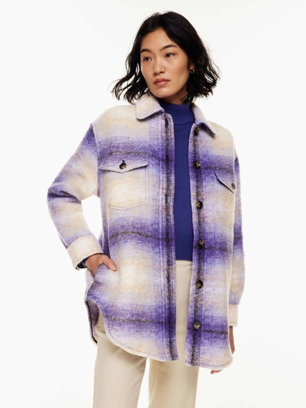 Aritzia Wilfred Free The Ganna Shirt Jacket Purple Ombre Plaid Shacket XL NWT